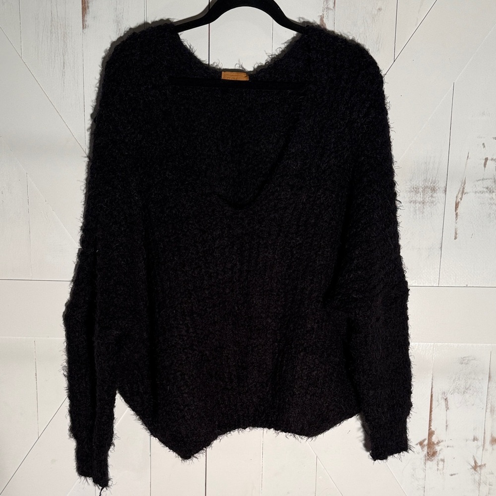 Pol Black Fuzzy Oversized V Neck Sweater